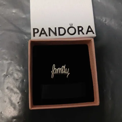 PANDORA FAMILY SCRIPT CHARM – SILVER-TONE, BOXED
