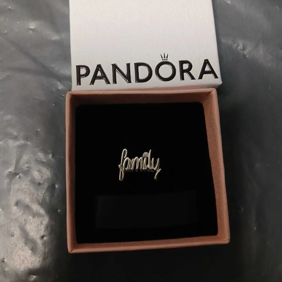 PANDORA FAMILY SCRIPT CHARM – SILVER-TONE, BOXED