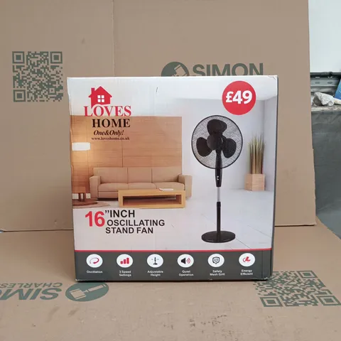 LOVES HOME 16" INCH OSCILLATING STAND FAN BOXED