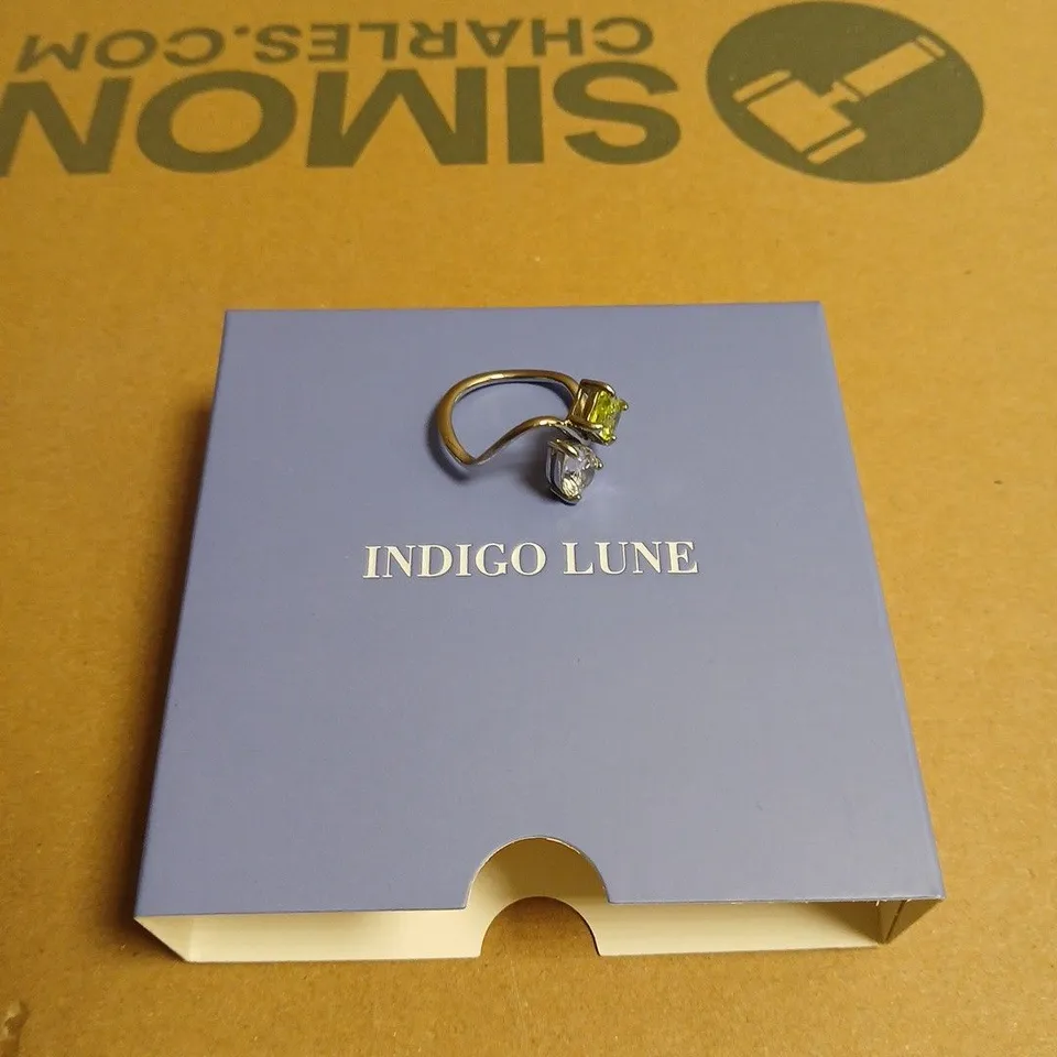 INDIGO LUNE RING – TWO-STONE LIME-GREEN & CLEAR GEMSTONES