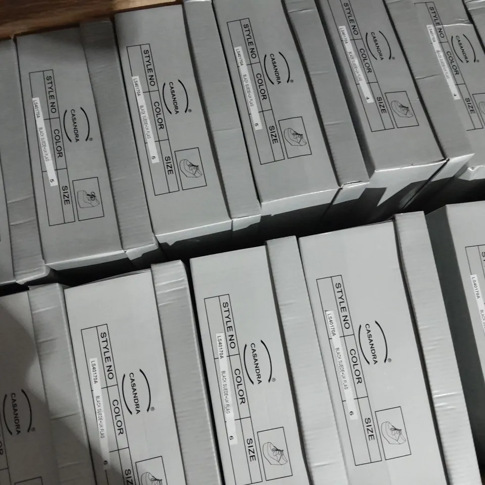 APPROXIMATELY 13 BOXED PAIR OF CASANDRA WEDGE PLATFORM SHOES IN BLACK SUEDE UK FLAG VARIOUS SIZES TO INCLUDE SIZE 6