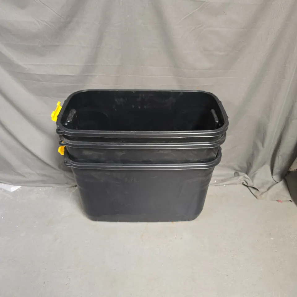 3 WHEELED STORAGE TUBS IN BLACK - MISSING LID - COLLECTION ONLY