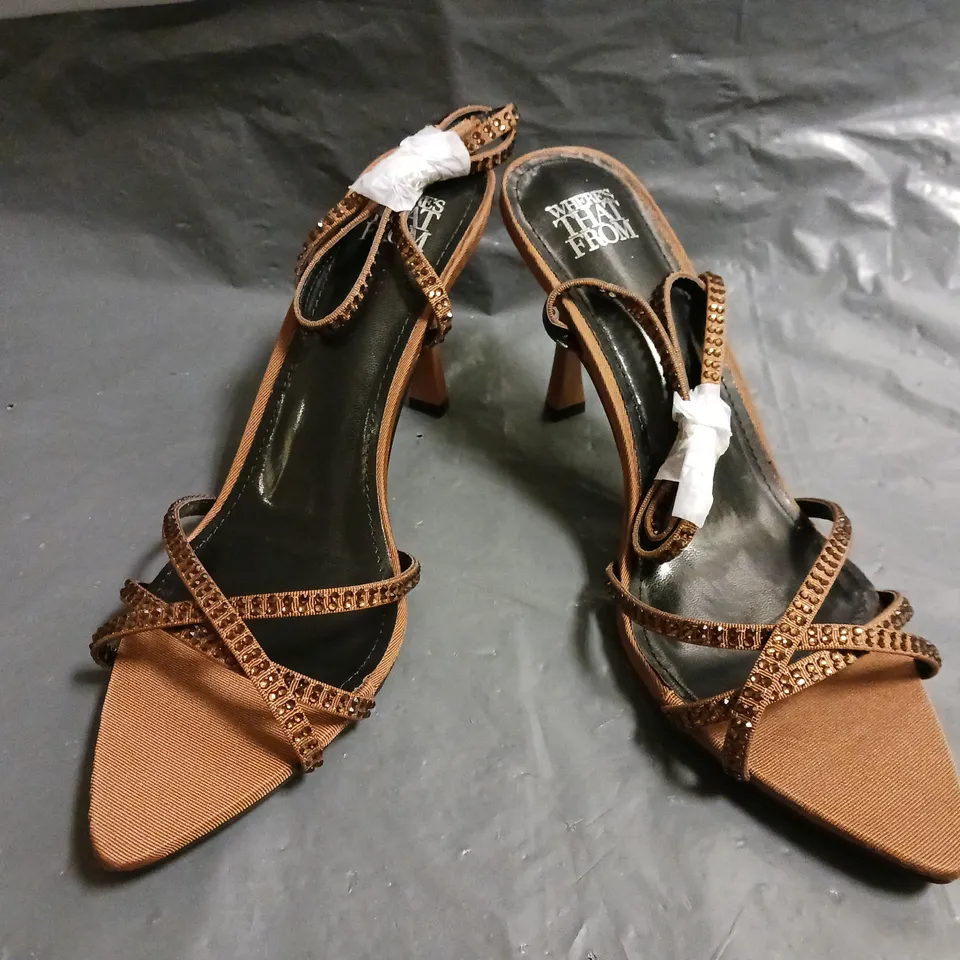 BOXED PAIR OF WHERE'S THAT FROM OPEN TOE HEELED SANDALS IN CHOCOLATE W. JEWEL EFFECT UK SIZE 8