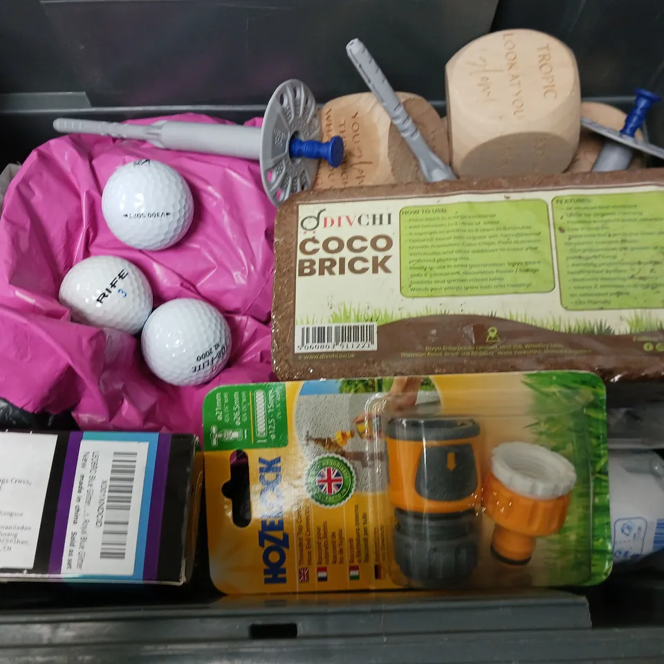 APPROXIMATELY 12 ASSORTED HOUSEHOLD ITEMS TO INCLUDE GOLF BALLS, COCO BRICK, TAP CONNECTOR, ETC