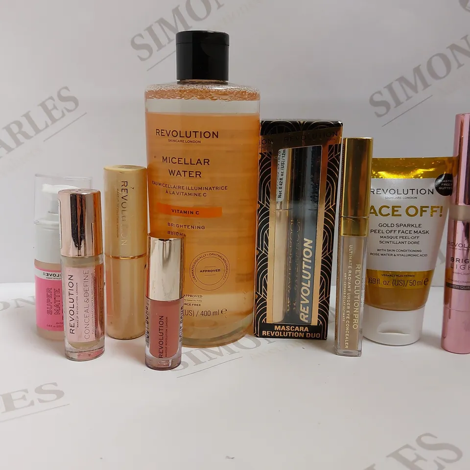 BOX OF APPROX 8 REVOLUTION ITEMS TO INCLUDE SUPER MATTE PRIMER, CONCEALER, MASCARA DUO