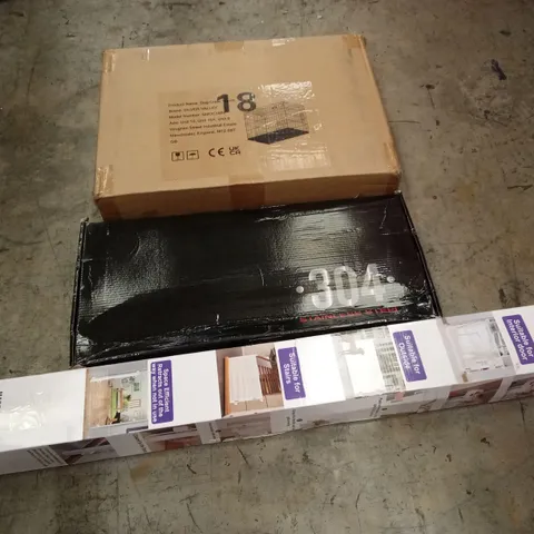 PALLET OF ASSORTED HOUSEHOLD GOODS AND PRODUCTS TO INCLUDE; DOG CRATE, STAINLESS STEEL FAUCET, RETRACTABLE GATE ETC