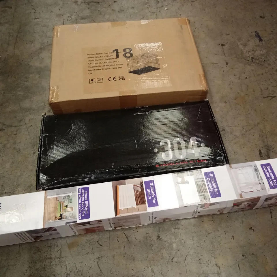 PALLET OF ASSORTED HOUSEHOLD GOODS AND PRODUCTS TO INCLUDE; DOG CRATE, STAINLESS STEEL FAUCET, RETRACTABLE GATE ETC