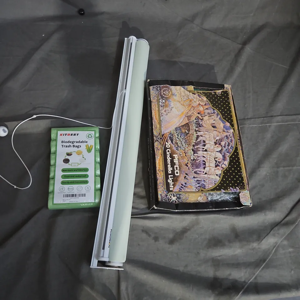 BOX OF APPROX 15 HOUSEHOLD ITEMS TOO INCLUDE CURTAINS, CINDERELA LIGHTS, BIODEGRADABLE TRASH BAGS , ETC 