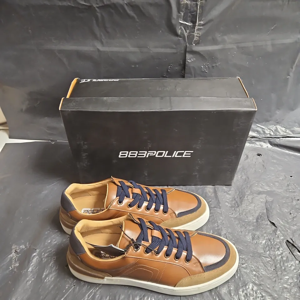 POLICE MILANO LEATHER SNEAKERS – BROWN WITH NAVY LACES, BOXED UK SIZE 7