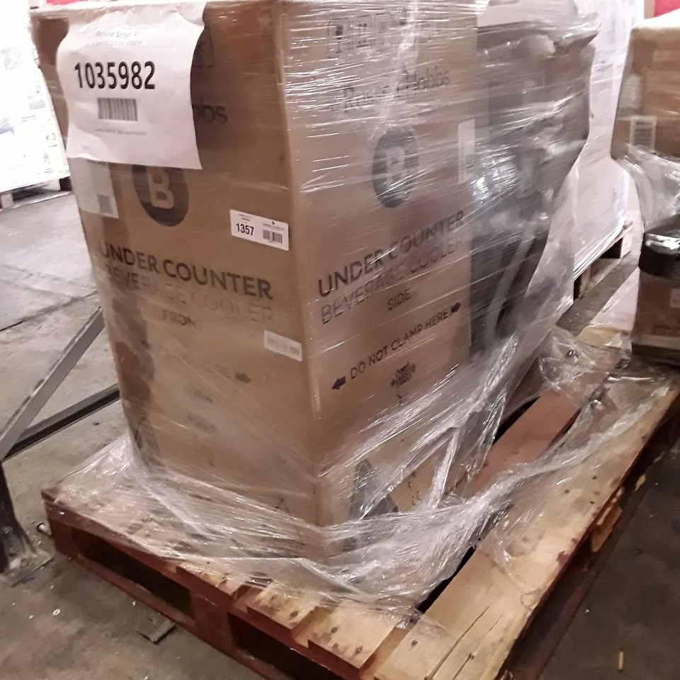 PALLET CONTAINING BOXED RUSSELL HOBBS UNDERCOUNTER BEVERAGE COOLER & HISENSE DISHWASHER