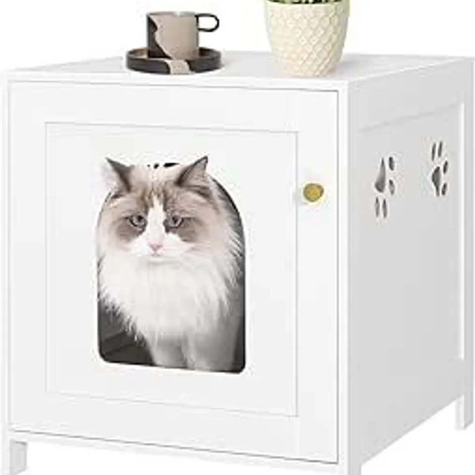 BOXED HZUANERI CAT LITTER BOX ENCLOSURE, 52 CM HIDDEN LITTER BOX FURNITURE, WHITE WOODEN INDOOR PET HOUSE WITH FRONT ARCHED DOOR, SIDE END TABLE, NIGHTSTAND FOR LIVING ROOM, BEDROOM, CB82213X