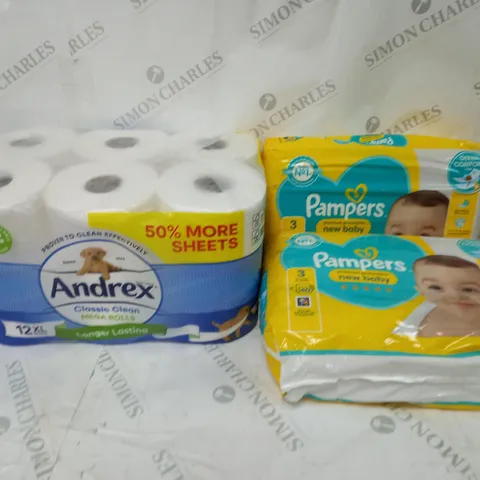 APPROXIMATELY 3 BATHROOM PRODUCTS TO INCLUDE ANDREX 12 PACK, 2 SETS OF PAMPERS PREMIUM PROTECTION NAPPIES