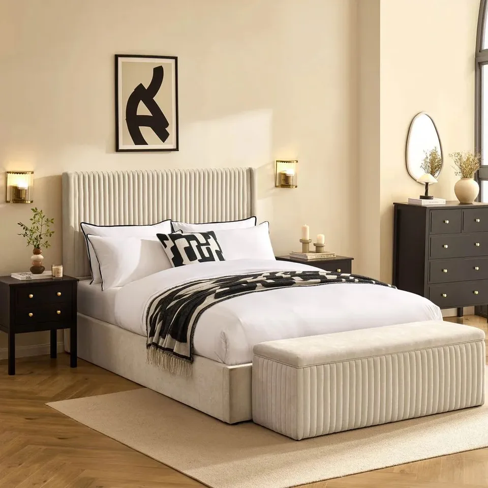 BOXED DUSK MELROSE OTTOMAN STORAGE BED - CHENILLE IVORY // SIZE: 6FT SUPERKING (2 BOXES)