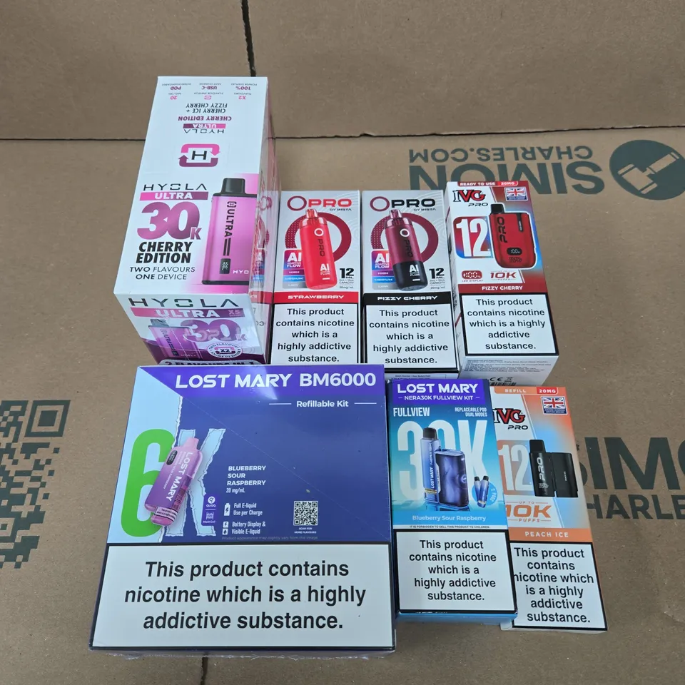 APPROXIMATELY 20 ASSORTED E-CIGARETTE & VAPING ITEMS IN VARIOUS BRANDS TO INCLUDE LOST MARY, IVG, INSTA ETC 