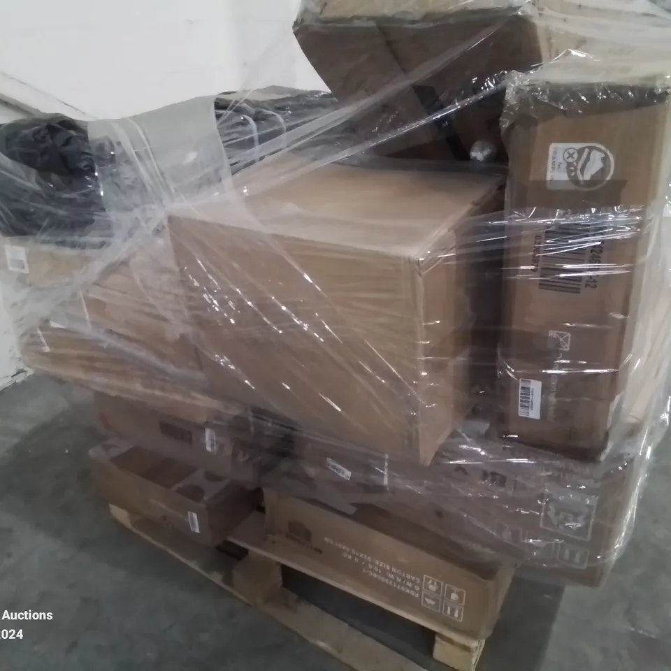 PALLET CONTAINING VARIOUS INCOMPLETE BOXED FURNITURE PARTS AND OTHER HOUSEHOLD ITEMS ETC.