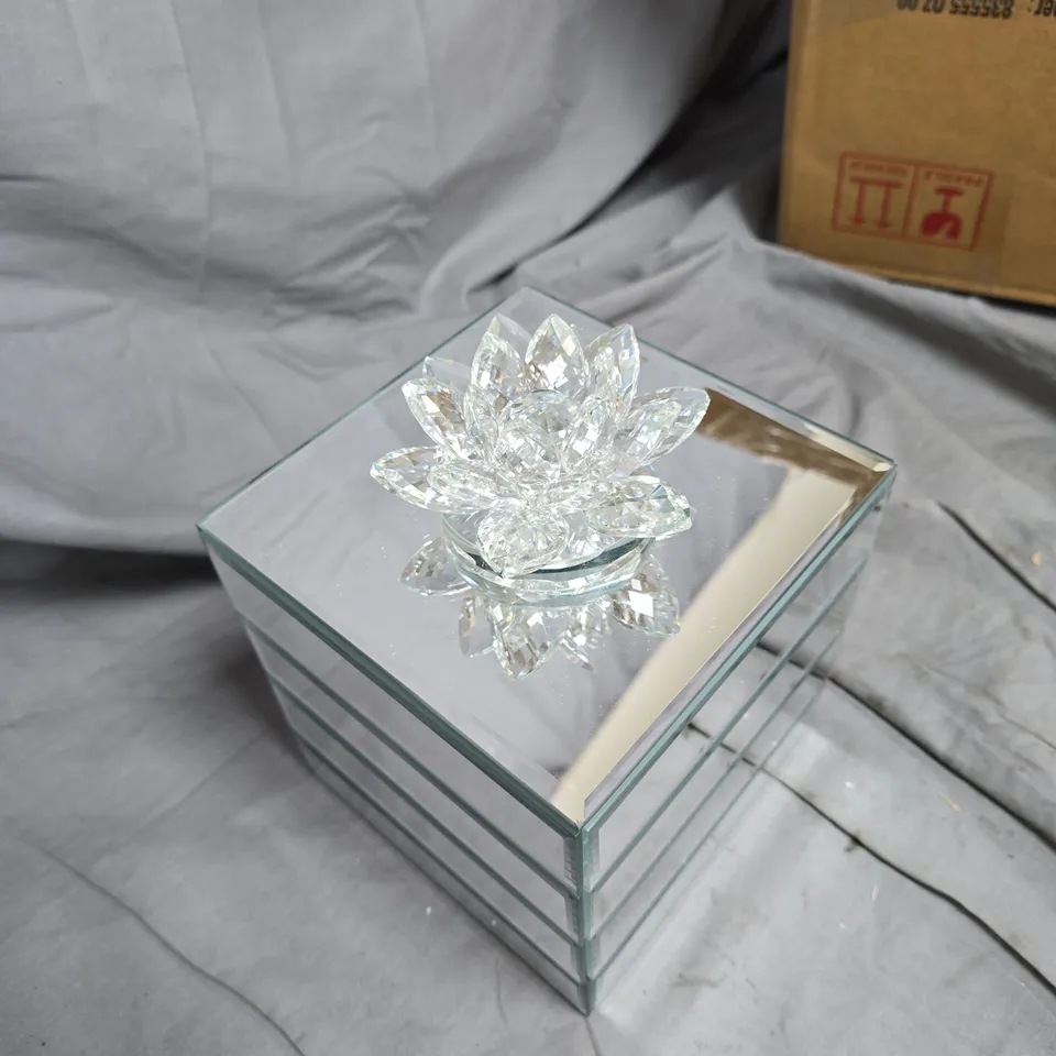 GLASS MIRRORED CUBE JEWELLERY BOX WITH CRYSTAL FLOWER FINIAL JM BY JULIEN MACDONALD STACKED JEWELLERY BOX WITH LOTUS FLOWER