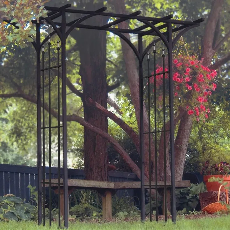 BOXED 193CM W X 66CM D STEEL GARDEN ARCHES IN BLACK (1 BOX)