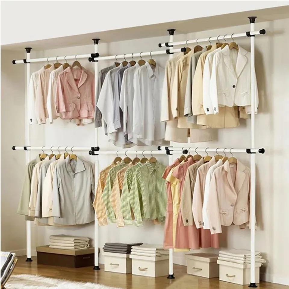 BOXED TRIPLE TELESCOPIC WARDROBE ORGANISE HANGING RAIL CLOTHES RACK ADJUSTABLE (1 BOX)