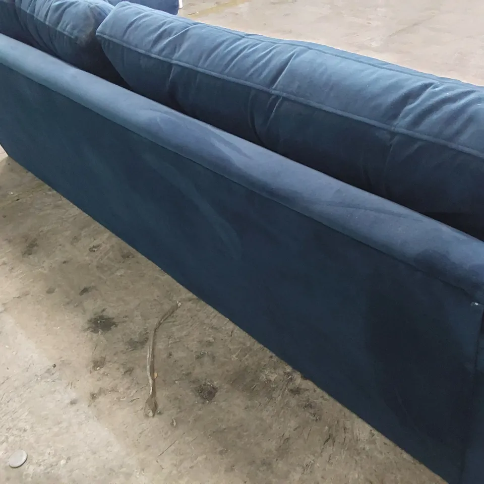 QUALITY BRITISH DESIGNER LOUNGE Co. FOUR SEATER SOFA WITH ROLL BOLSTER CUSHIONS PLUSH BLUE FABRIC 