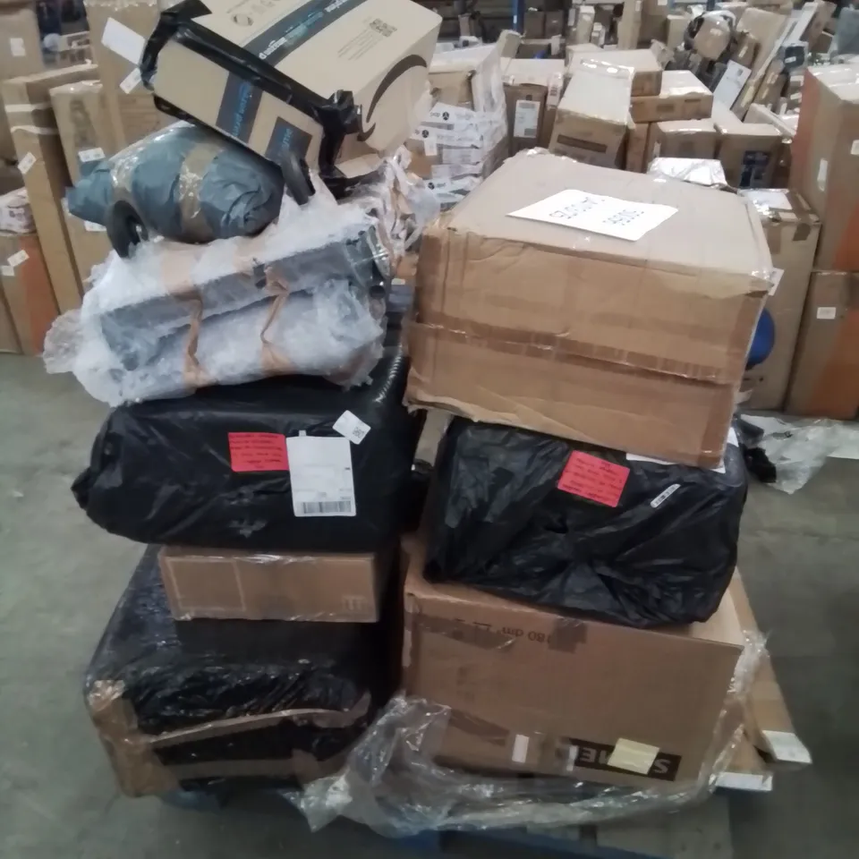 PALLET CONTAINING VARIOUS ASSORTED HOUSEHOLD ITEMS AND FURNITURE PARTS.