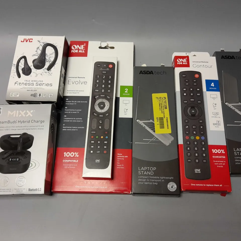 APPROXIMATELY 20 ASSORTED ELECTRICAL ITEMS TO INCLUDE ONE FOR ALL REMOTES, JVC EARBUDS, LAPTOP STAND, ETC