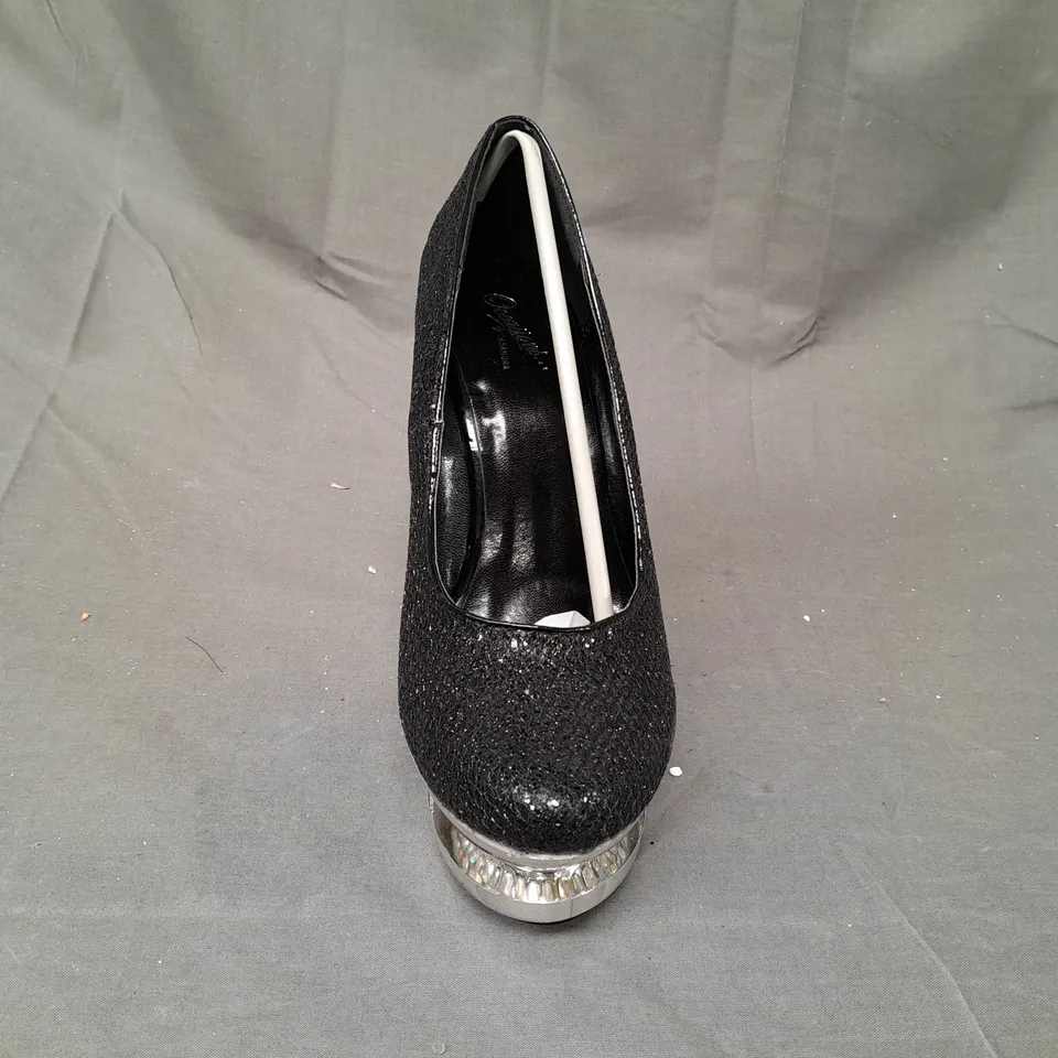 BOX OF APPROXIMATELY 10 BOXED PAIRS OF OCCASIONS BY CASANDRA PLATFORM HIGH HEEL SHOES IN BLACK W. GLITTER & JEWEL EFFECT - VARIOUS SIZES