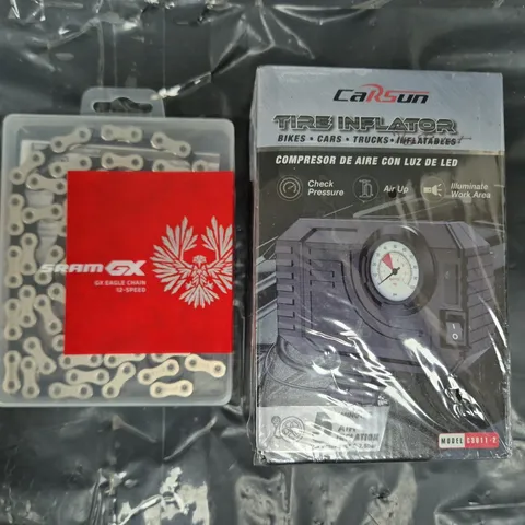 APPROXIMATELY 8 ASSORTED VEHICLE PARTS AND ACCESSORIES TO INCLUDE TIRE INFLATOR, GX EAGLE CHAIN, ETC - COLLECTION ONLY