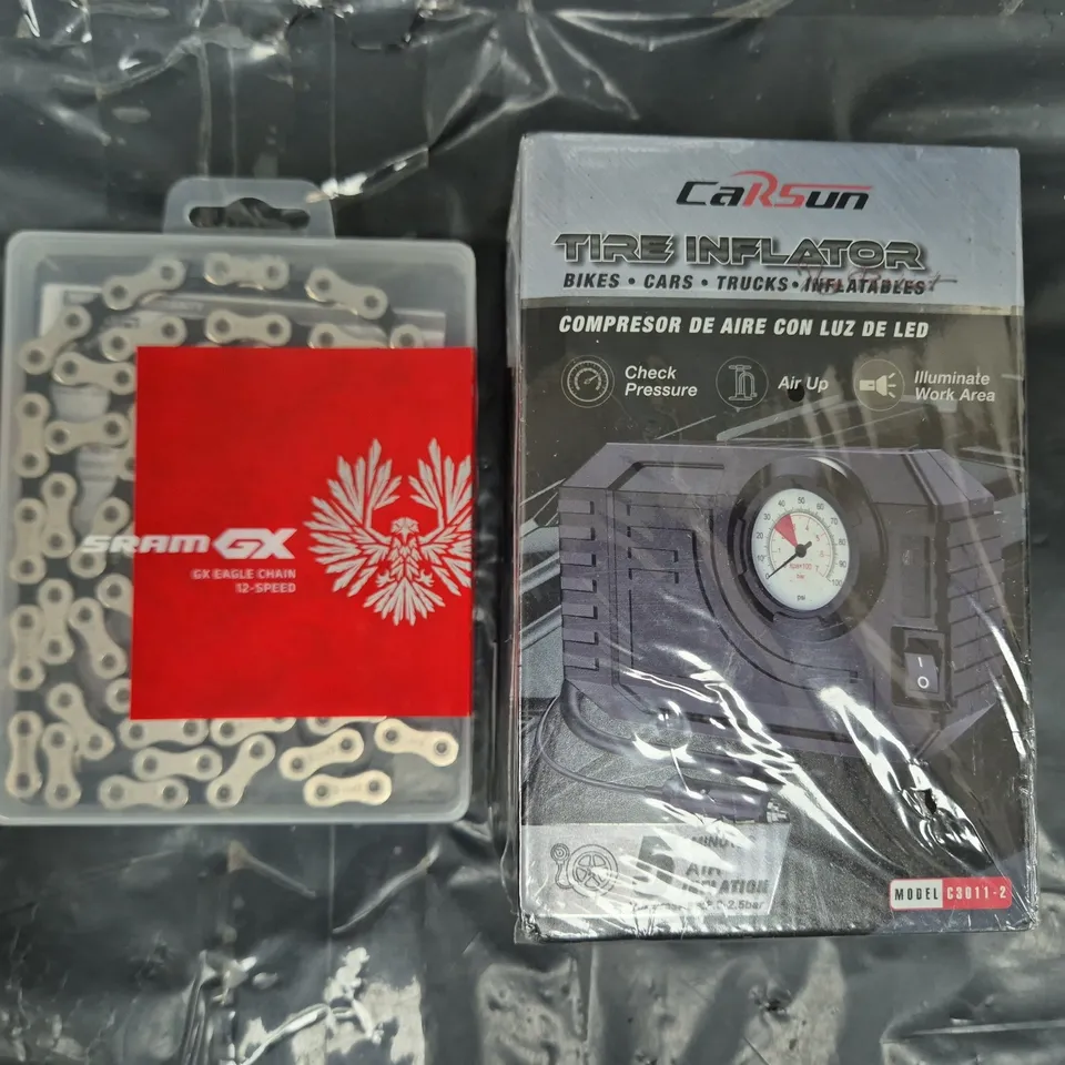 APPROXIMATELY 8 ASSORTED VEHICLE PARTS AND ACCESSORIES TO INCLUDE TIRE INFLATOR, GX EAGLE CHAIN, ETC - COLLECTION ONLY