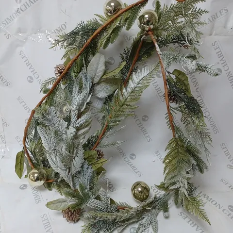 BOXED 9FT PRE LIT FROSTED GARLAND WITH BAUBLES