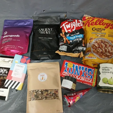 APPROXIMATELY 8 ASSORTED FOOD & DRINK ITEMS TO INCLUDE - SPACEDUST, TRUE COLLAGEN, AND LINDT 90% ETC.