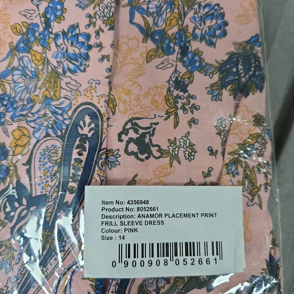 ANAMOR PLACEMENT PRINT FRILL SLEEVE DRESS - PINK, UK 14