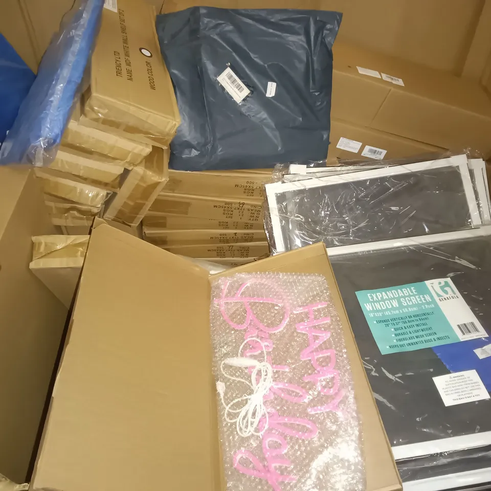 PALLET OF ASSORTED ITEMS TO INCLUDE BOXED WALL CLOCKS, OFFICE CHAIRS AND EXPANDABLE WINDOW SCREENS