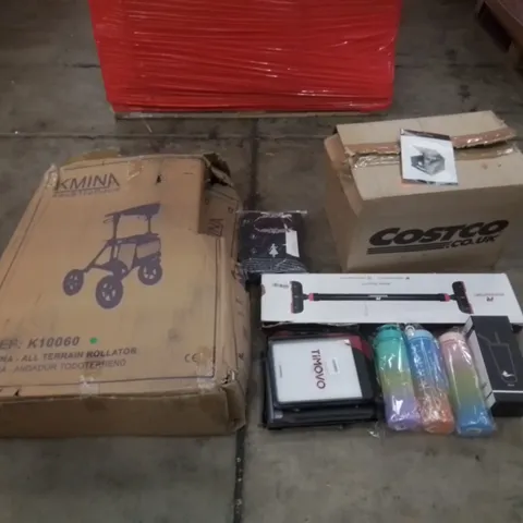 PALLET CONTAINING ASSORTED HOUSEHOLD AND HOME IMPROVEMENT PRODUCTS. INCLUDES PLASTIC BOTTLES, PULL-UP BAR, RETRO TURNTABLE, ROLLATOR ETC
