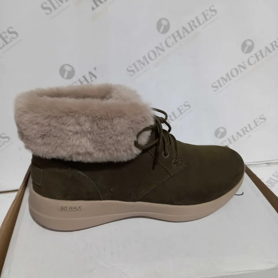 BOXED SKECHERS GO WALK STABILITY SUEDE BOOTS, OLIVE - SIZE 4