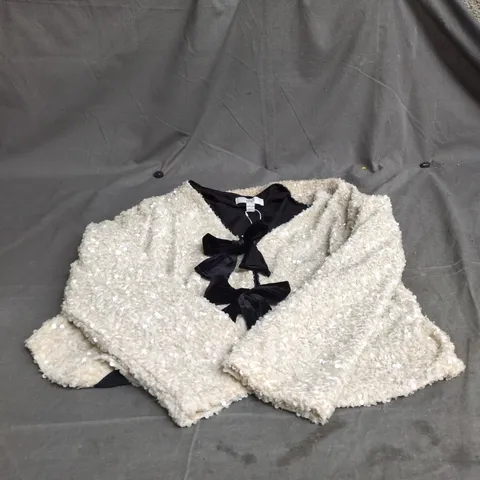 M&S WOMEN’S SEQUIN TOP WITH BLACK BOW – UK 14 REGULAR, CREAM