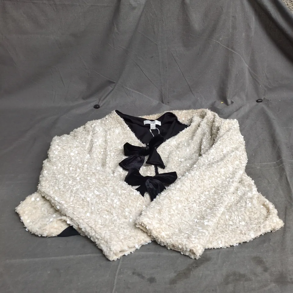 M&S WOMEN’S SEQUIN TOP WITH BLACK BOW – UK 14 REGULAR, CREAM