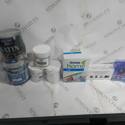 APPROXIMATELY 10 ASSORTED HOUSEHOLD GOODS TO INCLUDE AMWAY HOME SA8, FINISH DISHWASHER, AND SATIN PAINT ETC.