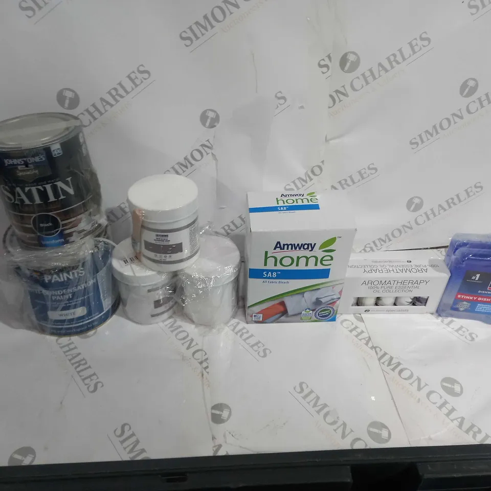 APPROXIMATELY 10 ASSORTED HOUSEHOLD GOODS TO INCLUDE AMWAY HOME SA8, FINISH DISHWASHER, AND SATIN PAINT ETC. 