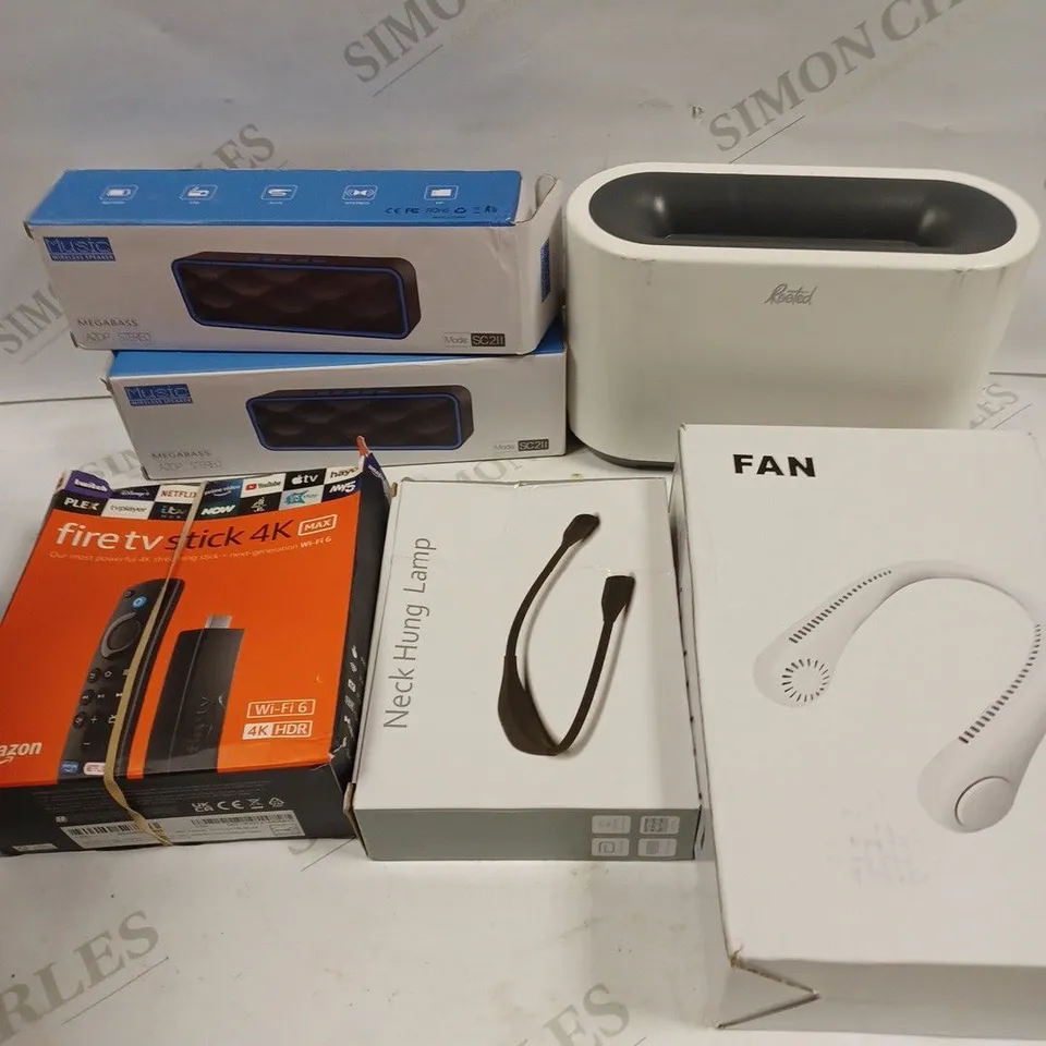 BOX TO CONTAIN APPROX. 7 X ASSORTED TECH PRODUCTS. INCLUDES NECK FANS, SPEAKERS, FIRE TV STICK ETC 