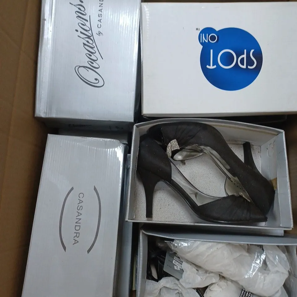 BOX OF APPROXIMATELY 10 PAIRS OF SHOES TO INCLUDE GEM HEELS, RED LOW HEELS, BLUE HIGH HEELS ETC