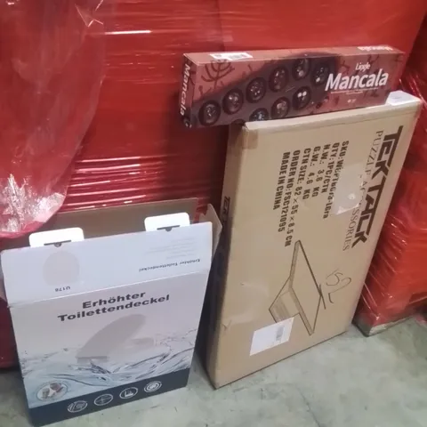 PALLET OF ASSORTED HOUSEHOLD GOODS AND PRODUCTS TO INCLUDE;TOILET SEAT,PUZZLE TABLE,WOODEN BOARD WITH 48 NATURAL GEMSTONES 