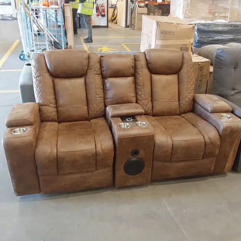 DESIGNER 2 SEATER BROWN LEATHER-LOOK CINEMA STYLE SOFA WITH CENTER CONSOLE