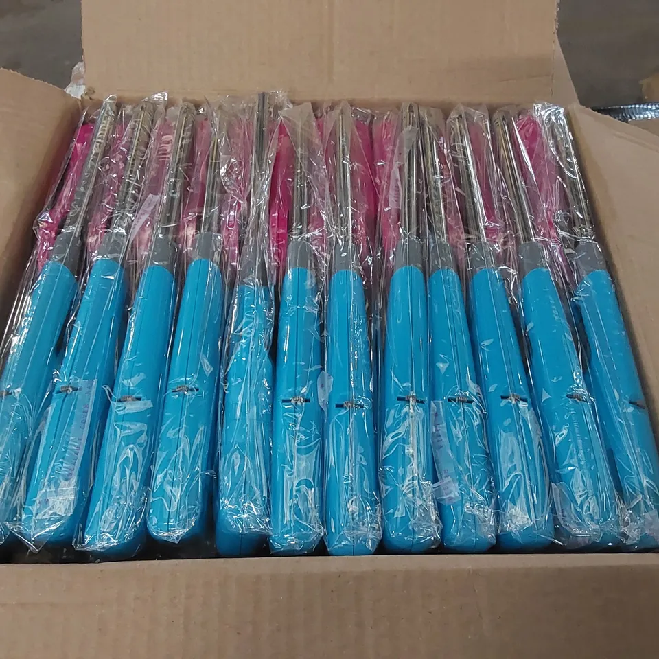 BOX OF APPROXIMATELY 50x LONG HANDLE GAS LIGHTERS - BLUE, PINK, GREEN AND YELLOW (1 BOX)