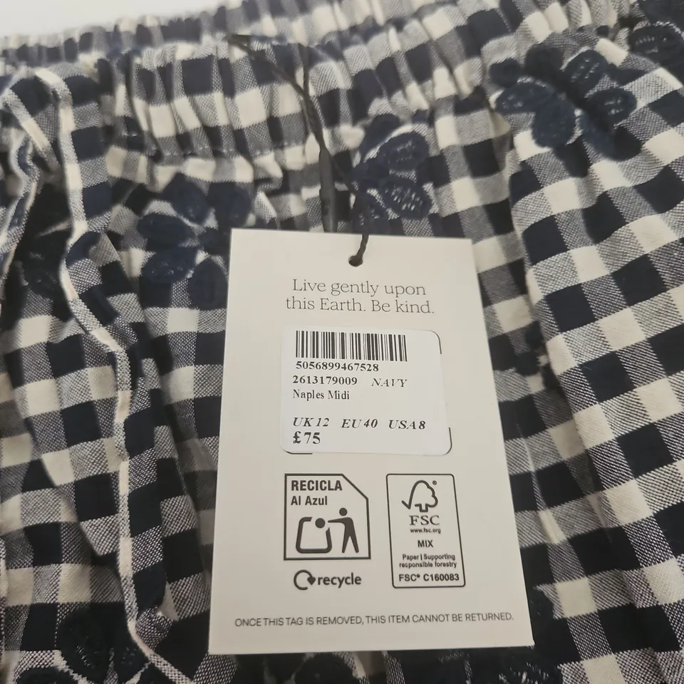NOBODY'S CHILD NAPLES MIDI DRESS – NAVY GINGHAM, UK 12 