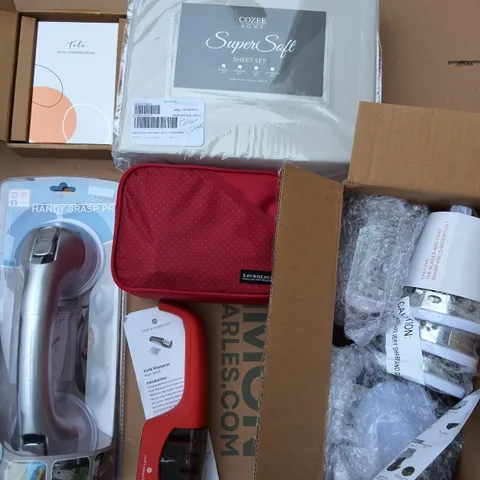LOT OF 12 ASSORTED HOUSEHOLD ITEMS TO INCLUDE EASY GRAB HANDLE, SHEET SET AND KNIFE SHARPENER 