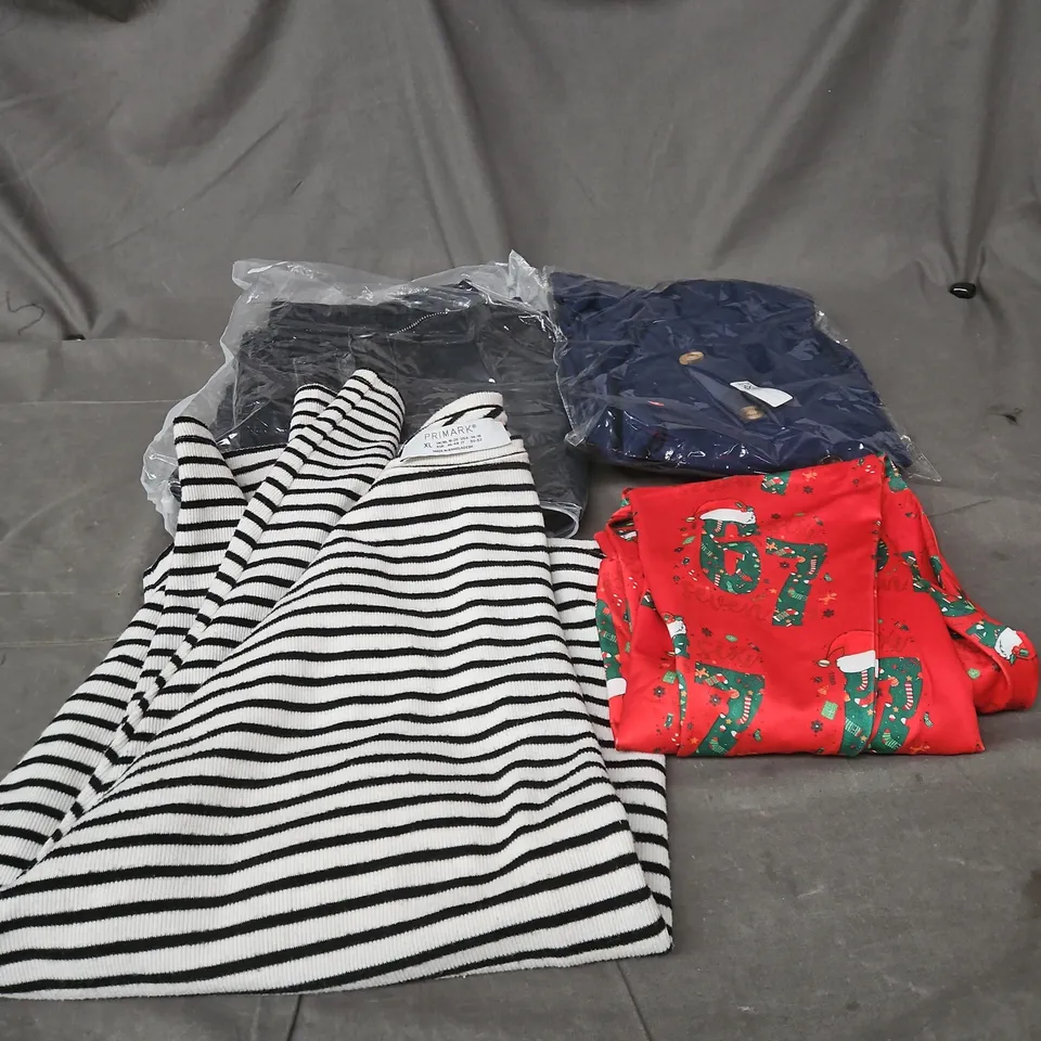 BOX OF APPROXIMATELY 25 ASSORTED CLOTHING ITEMS TO INCLUDE WHITE/BLUE STRIPE PRIMARK TOP, XMAS TROUSERS, BLACK JEANS, BLUE TROUSERS ETC