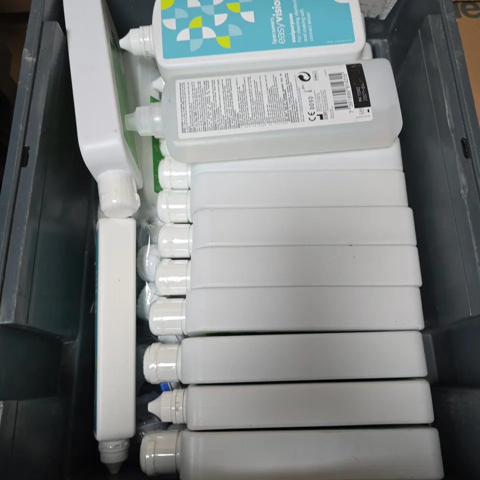 TOTE OF APPROXIMATELY 20 ASSORTED CONTACT LENS SOLUTIONS
