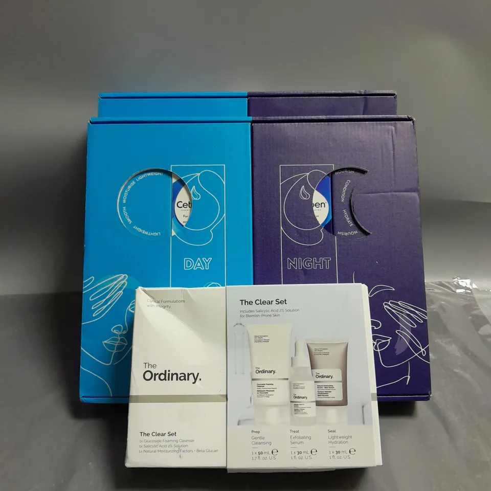LOT OF 3 SKINCARE PRODUCTS TO INCLUDE THE ORDINARY THE CLEAR SET AND CETRABEN DAY & NIGHT