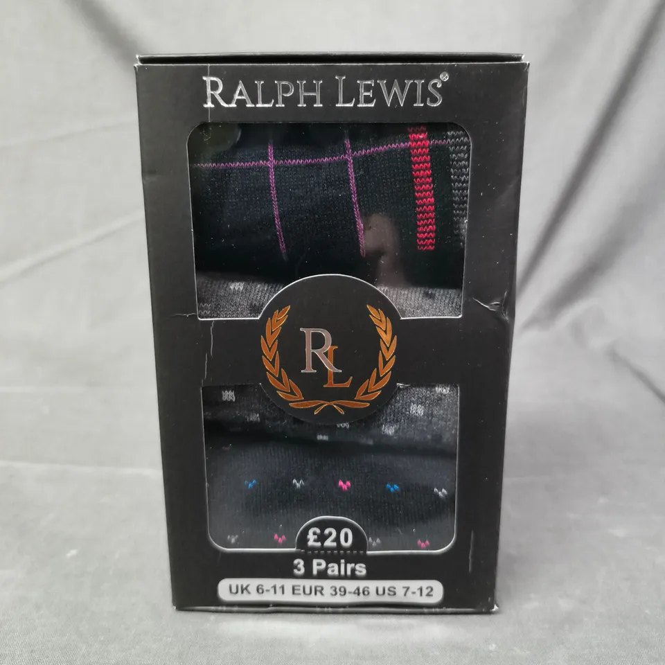 RALPH LEWIS PACK OF 3 ASSORTED PAIRS OF SOCKS IN VARIOUS PATTERNS AND COLOURS SIZE 6-11