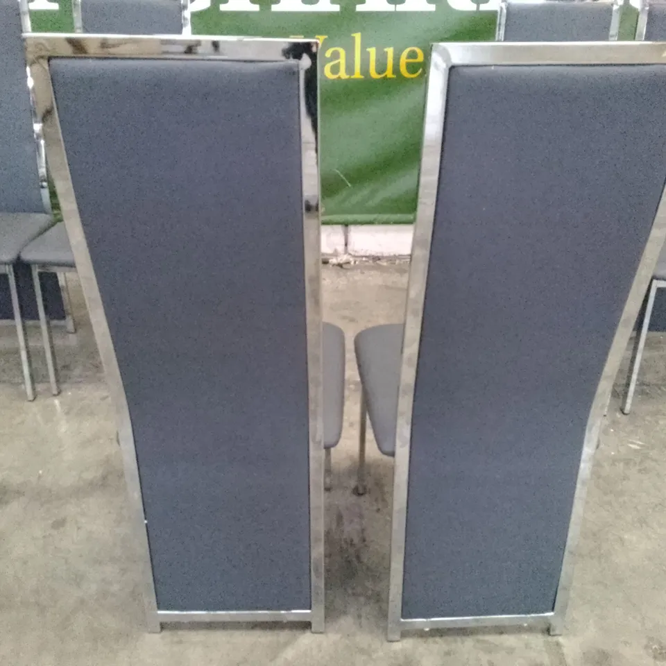 SET OF 6 NEW DESIGNER CELESTE GREY LEATHER AND CHROME DINING CHAIRS 